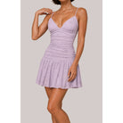 Women's lilac floral ruched plunge V-neck ruffle mini dress – view 2