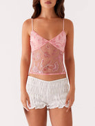 Women's pink floral sequin and beaded mesh patchwork camisole tank top