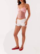 Women's pink floral sequin and beaded mesh patchwork camisole tank top - photo 3