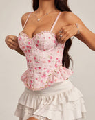 Women's floral print spaghetti strap corset top with ruffle hem - photo 2