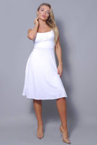 Women's white gathered bust square neck A-line midi dress