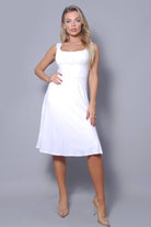 Women's white gathered bust square neck A-line midi dress – view 3