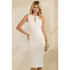 Women's ivory gold trim keyhole ponte midi dress – view 2