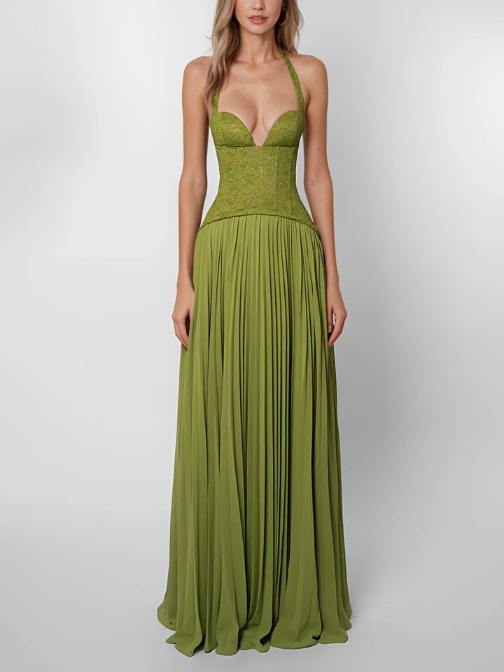Women's Green Halter Lace Corset Pleated Maxi Dress - front view