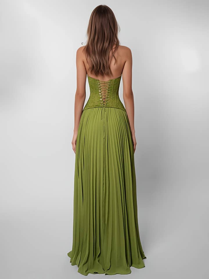 Women's Green Halter Lace Corset Pleated Maxi Dress - view 2