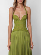 Women's Green Halter Lace Corset Pleated Maxi Dress - view 4