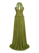 Women's Green Halter Lace Corset Pleated Maxi Dress - view 5