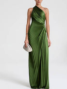 Women's Green One-Shoulder Pleated Maxi Dress - front view