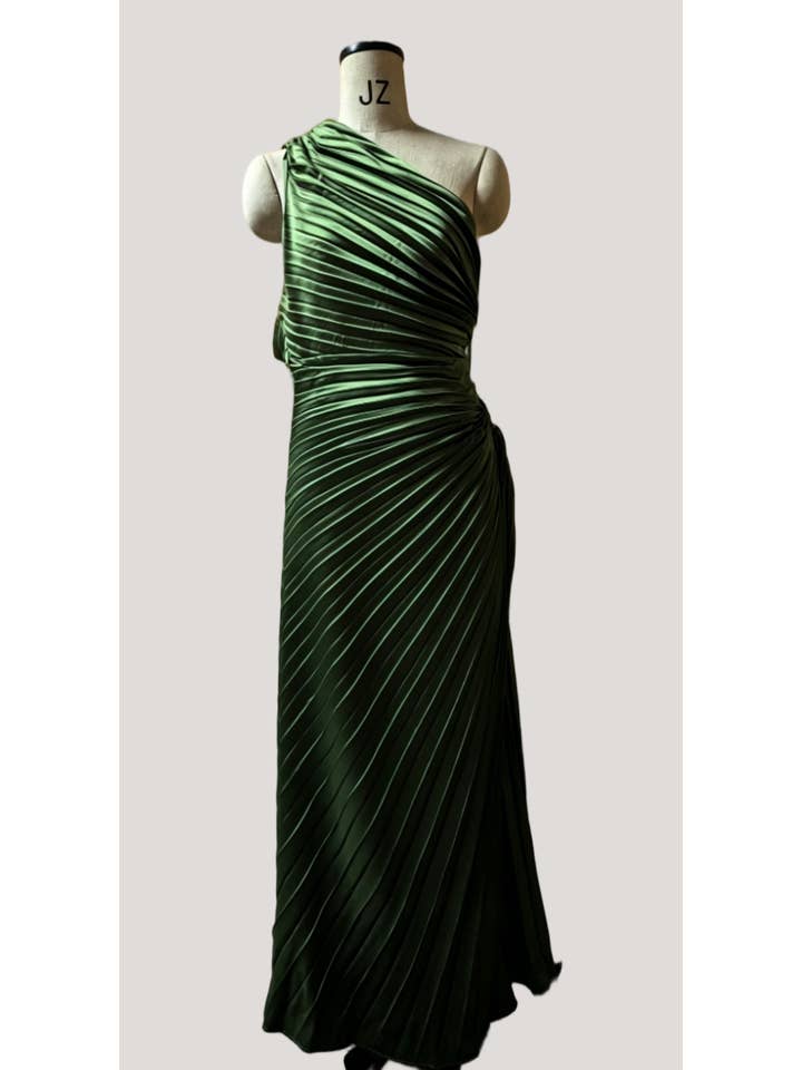 Women's Green One-Shoulder Pleated Maxi Dress - view 3