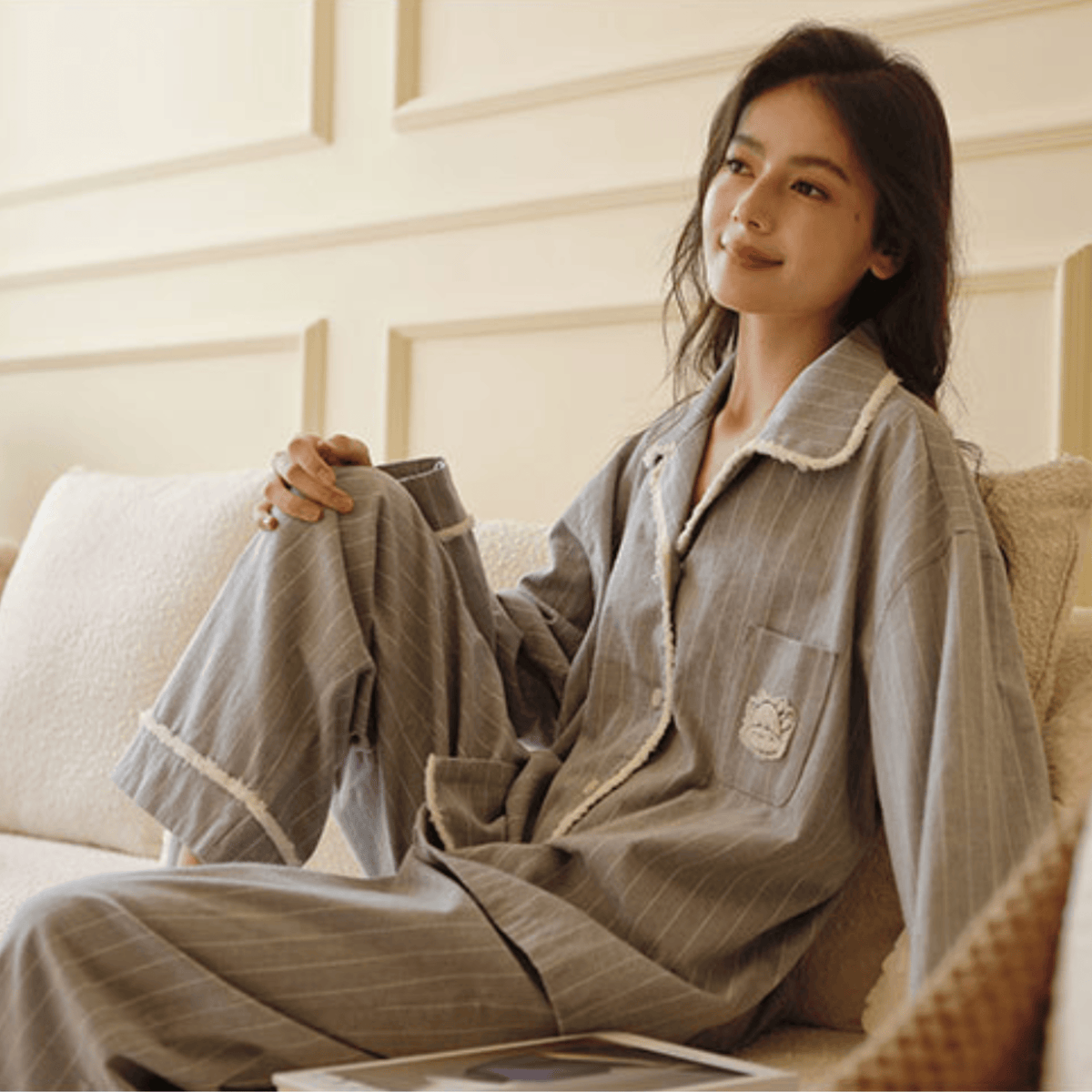 Women's grey pinstripe brushed cotton flannel pajama set – view 2