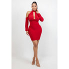 Women's red halter cowl neck long sleeve bodycon mini dress