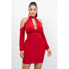 Women's red halter cowl neck long sleeve bodycon mini dress, view 2