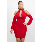 Women's red halter cowl neck long sleeve bodycon mini dress, view 3