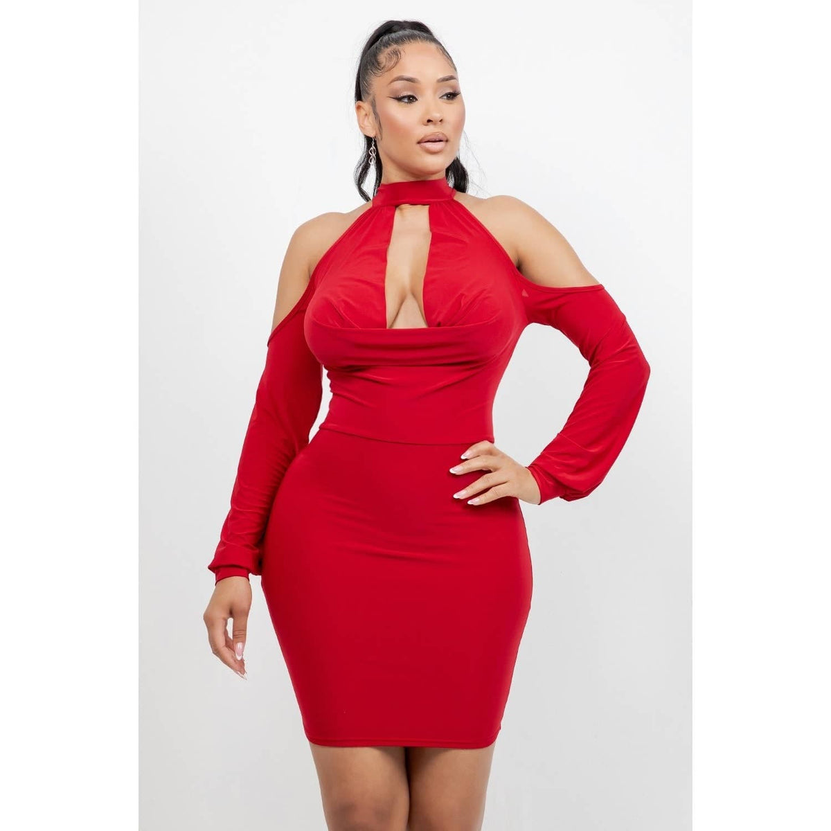 Women's red halter cowl neck long sleeve bodycon mini dress, view 3
