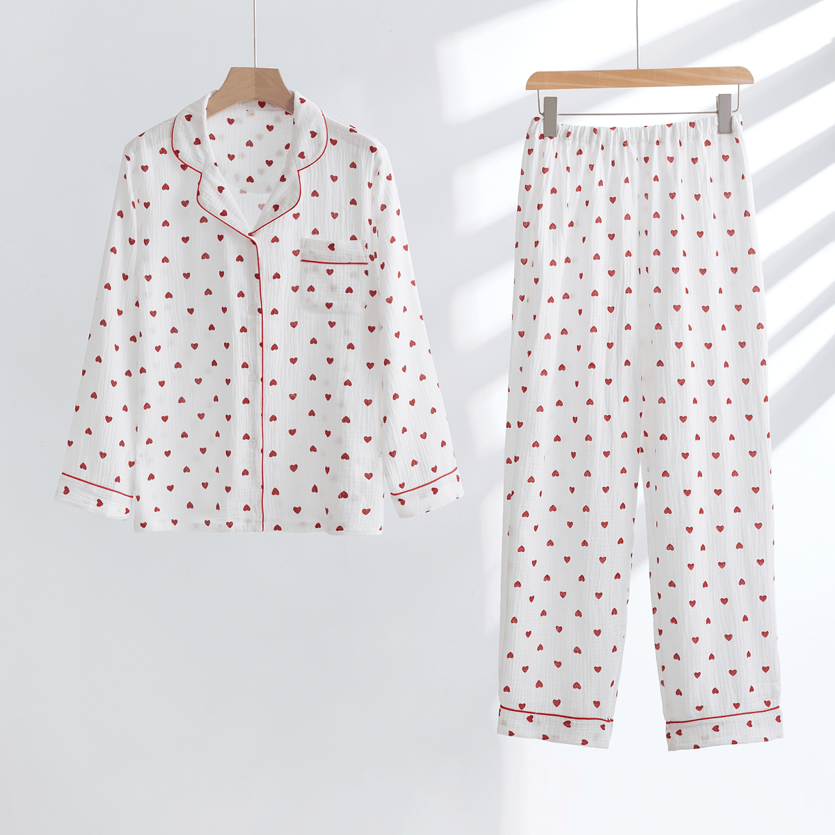 Women's white heart print cotton gauze pajama set