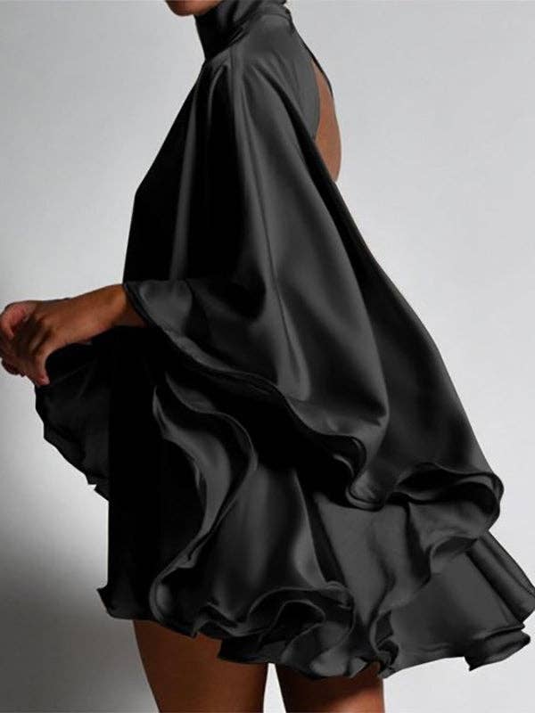 Women's high neck backless flared sleeve mini dress in black or white – alternate view