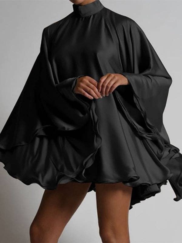 Women's high neck backless flared sleeve mini dress in black or white – detail view