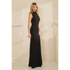 Women's black high neck draped mermaid maxi dress with silver trim – view 2