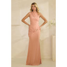 Women's light mocha high neck draped mermaid maxi dress with silver trim