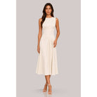 Women's ivory high neck draped pleat A-line midi dress