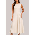 Women's ivory high neck draped pleat A-line midi dress – view 2