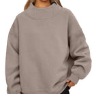 Women's coffee brown high neck lightweight relaxed sweatshirt – styled view