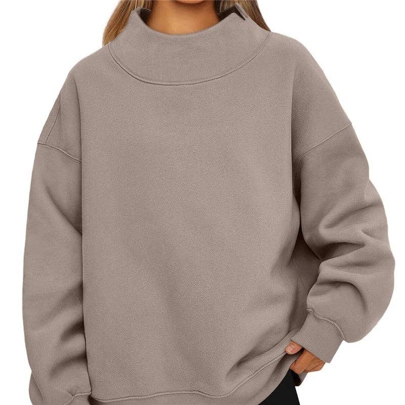 Women's coffee brown high neck lightweight relaxed sweatshirt – styled view