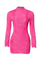 Women's red high neck rib knit long sleeve mini dress on model