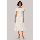 Women's ivory high neck short sleeve fit and flare pleated midi dress