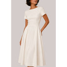 Women's ivory high neck short sleeve fit and flare pleated midi dress