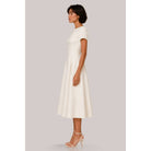 Women's ivory high neck short sleeve fit and flare pleated midi dress
