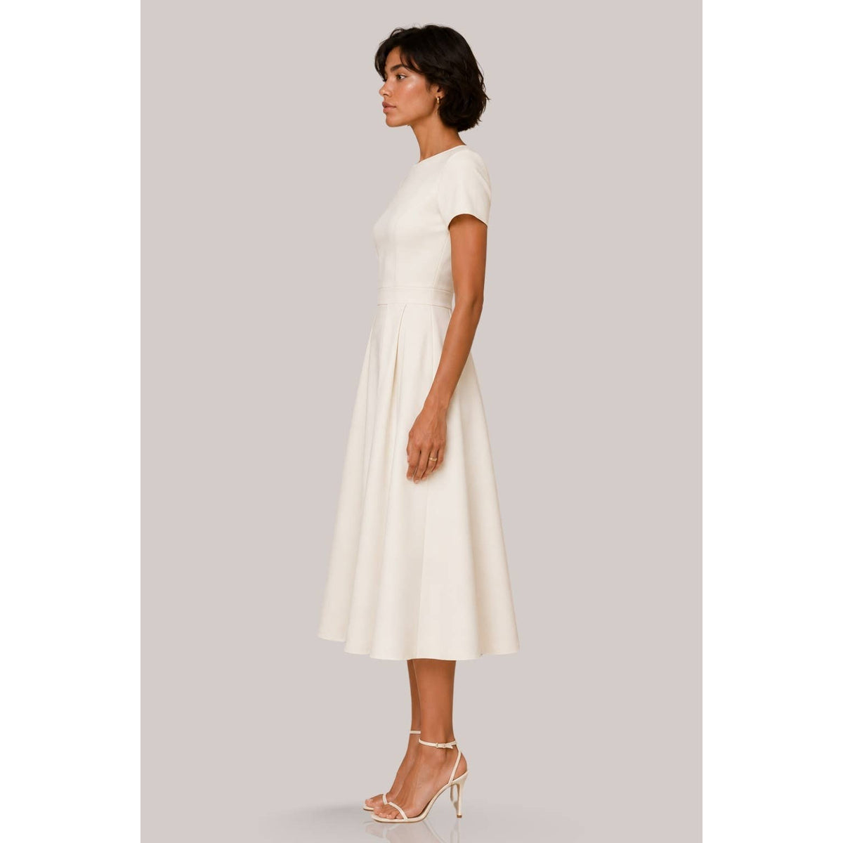 Women's ivory high neck short sleeve fit and flare pleated midi dress