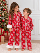 Women's red Christmas tree cake print button-up pajama set with white piping