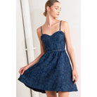 Women's navy jacquard bustier mini dress with self belt and full skirt – photo 1