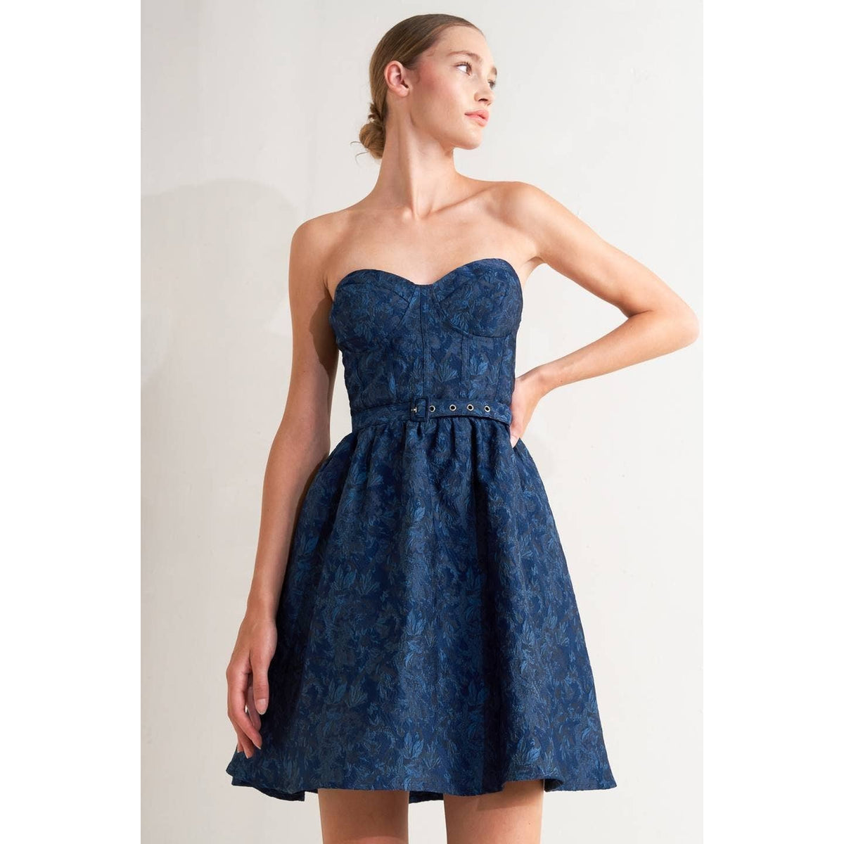 Women's navy jacquard bustier mini dress with self belt and full skirt – photo 2