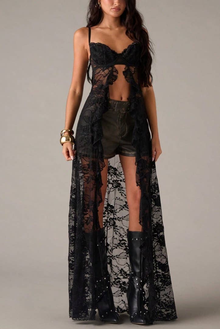 Women's black floral lace corset-style longline camisole top