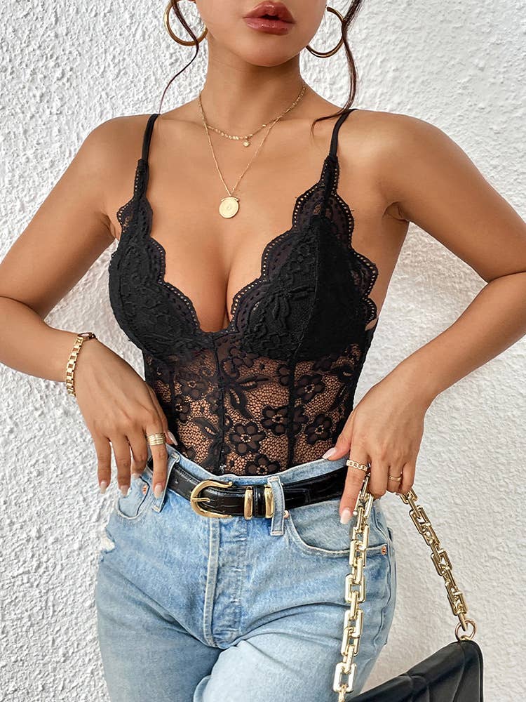Women's black lace panel v-neck sleeveless strappy bodysuit - photo 4