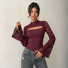 Women's burgundy lace spliced bell sleeve bodycon jumpsuit – front view