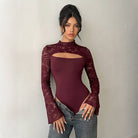Women's burgundy lace spliced bell sleeve bodycon jumpsuit – view 2