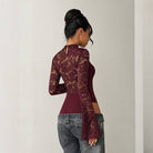 Women's burgundy lace spliced bell sleeve bodycon jumpsuit – view 3