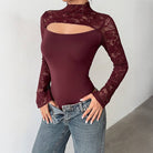 Women's burgundy lace spliced bell sleeve bodycon jumpsuit – view 4