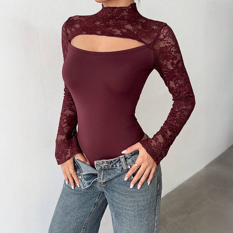 Women's burgundy lace spliced bell sleeve bodycon jumpsuit – view 4