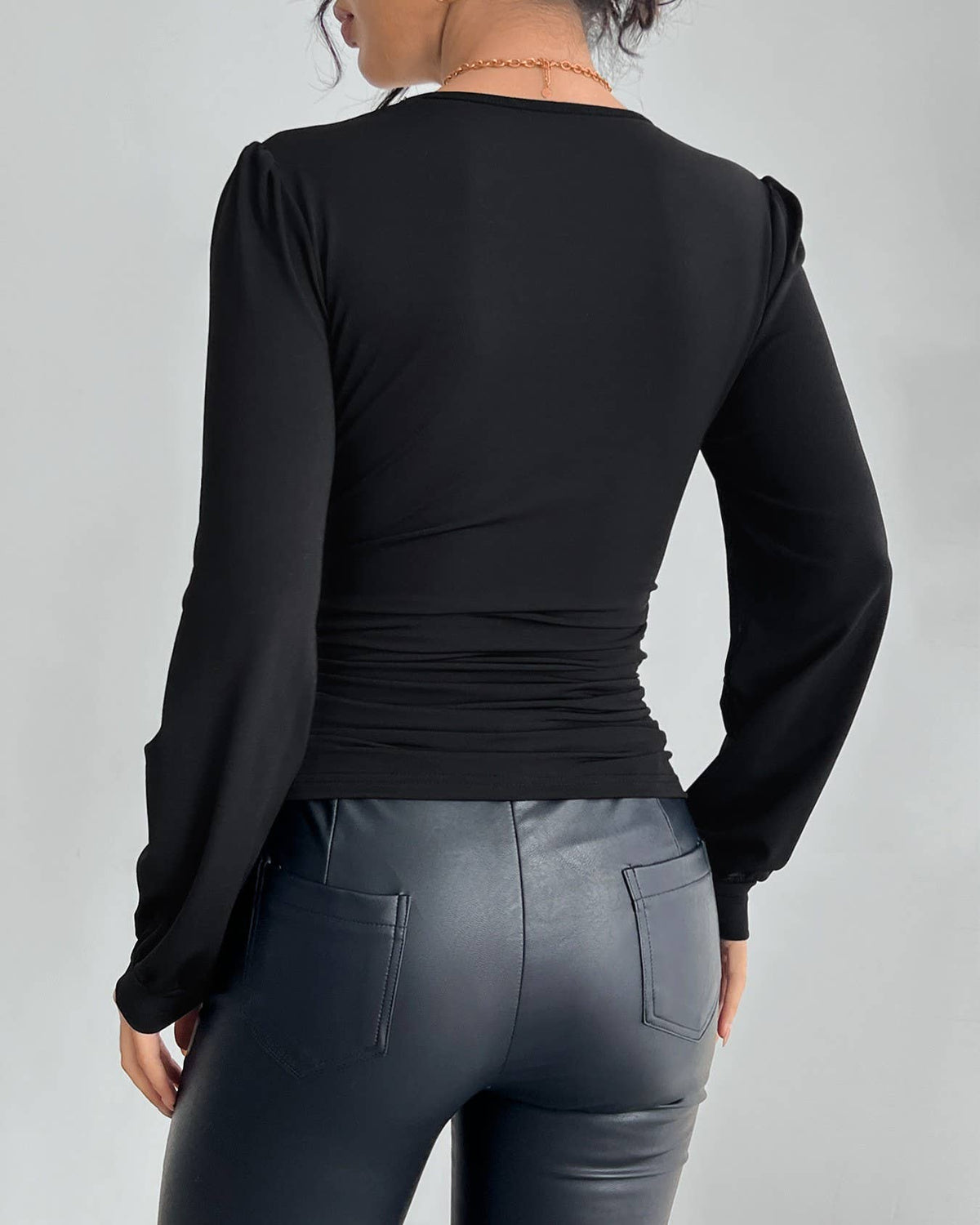 Women's black v-neck long sleeve top with lace, ruching and rhinestone details - photo 4