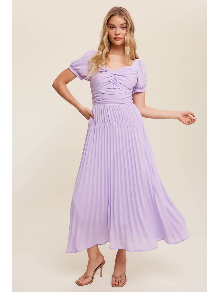 Women's Lavender Chiffon Ruched Pleated Maxi Dress - front view