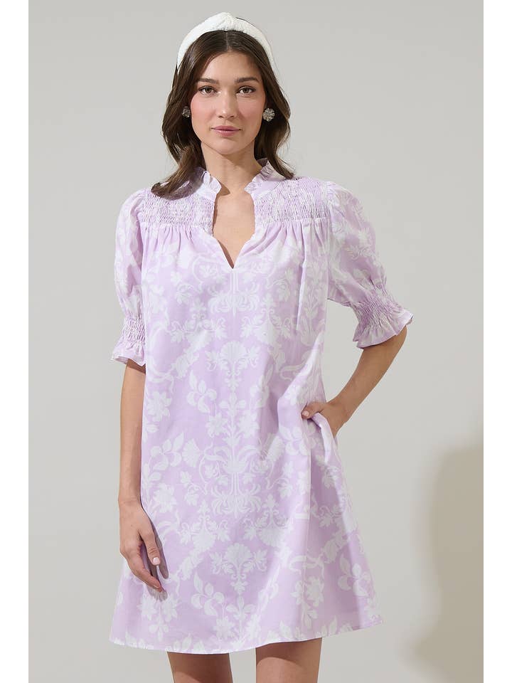 Women's Lavender Floral Smocked-Sleeve Shift Mini Dress - front view
