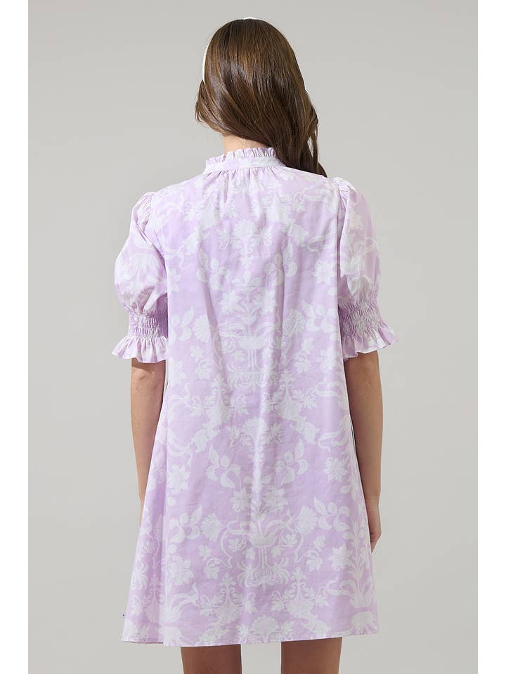 Women's Lavender Floral Smocked-Sleeve Shift Mini Dress - view 2