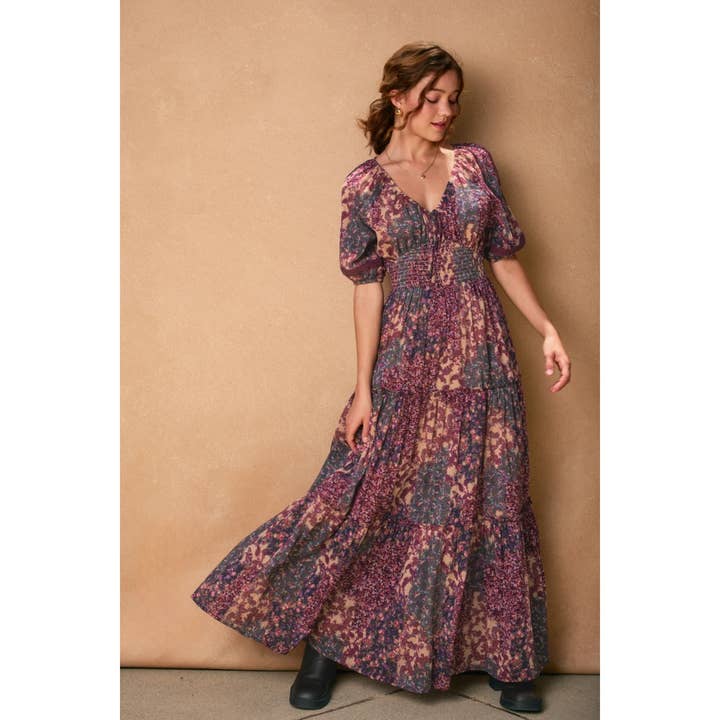 Women's Lavender Plum Floral Puff-Sleeve Tiered Maxi Dress - front view