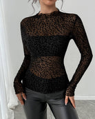 Women's black leopard print mesh turtleneck slim fit long sleeve top