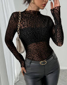 Women's black leopard print mesh turtleneck slim fit long sleeve top - photo 2