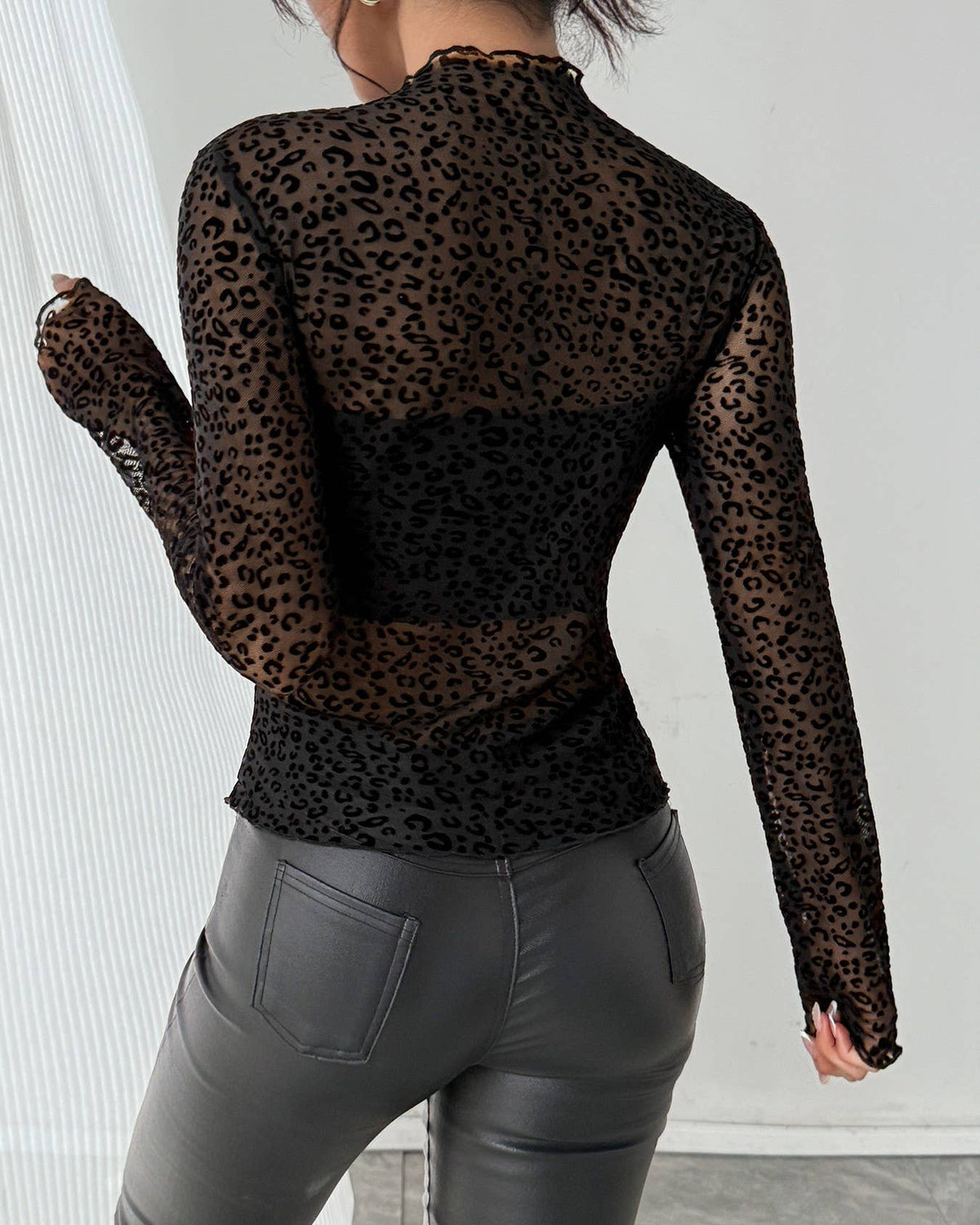 Women's black leopard print mesh turtleneck slim fit long sleeve top - photo 3